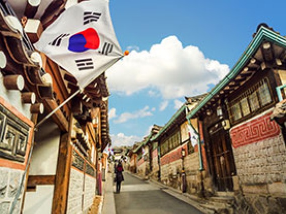 Traditional street in South Korea with a South Korean flag in the foreground