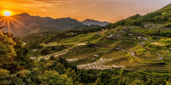Sunsetting over green terraced fields with mountains in the background