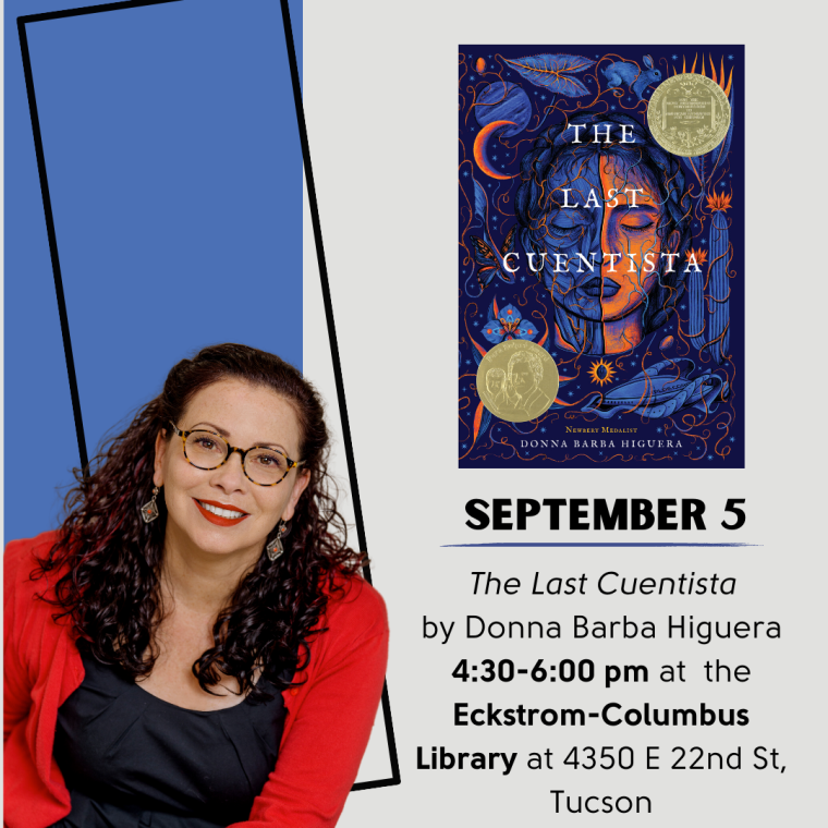 Image of the Last The Last Cuentista book cover and a picture of the author, Donna Barba Higuera